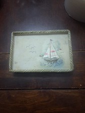 Vintage Nautical Sailboat Trinket Tray Rope Border Coastal Beach Decor Catchall picture