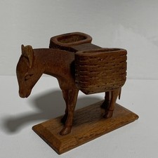 Beautiful Wood Carving Donkey with 2 Basket on Wood Base  picture