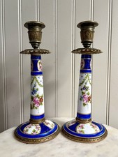 Antique L.P. Paris Sèvres-Style Porcelain & Bronze Hand-Painted Candlesticks VTG picture