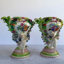 Antique Pair Dresden Style Porcelain Cherub Vases Applied Flowers Gilt No Lids picture