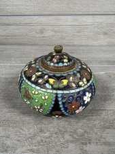 Vintage Cloisonne Enamel Floral Trinket Jar Lidded Metal 3.5” Asian Decor picture