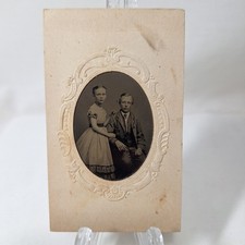 Antique 1870s Tintype Photo Children Siblings Victorian Embossed Paper Sleeve... picture