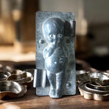 Vintage Primitive Tin Kewpie Baby Chocolate Candy Mold 4 1/2” with Clips picture