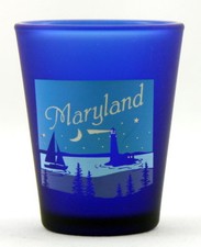 MARYLAND NAUTICAL SCENE COBALT BLUE FROSTED SHOT GLASS SHOTGLASS picture