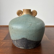 1950s Japanese Ceramic Vase Yellow Green Glaze MCM Hand Crafted Mid Century picture