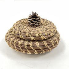 Vintage Handcrafted Pine Needle Basket with Pinecone Lid Signed Mary Ann picture