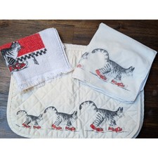 Vintage 70s B. Kliban Red Sneaker Cat Cloth Placemats Napkins and Towel Set picture