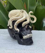 Black Wood Carved Human Skull Sculpture with Octopus Carving made from Antler picture