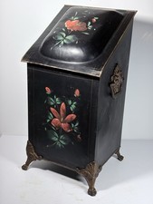 VTG Antique Coal Scuttle Bin Black Hand Painted Floral Cast Brass Feet Cabriole picture