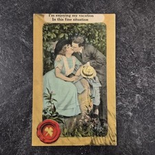 Antique 1914 Romance Postcard Couple Kissing Enjoying My Vacation Wax Seal picture