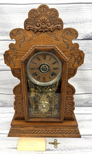 ANTIQUE OAK ANSONIA MANTLE CLOCK WITH ALARM AND FANCY PENDULUM - HAS KEY picture