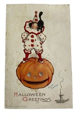 Halloween Greetings Pierot Black Cat Jack-o'-lantern ~ Antique 1910s Postcard picture