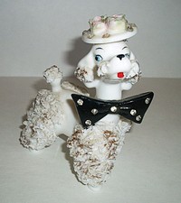 Vtg 1950s LEFTON JAPAN White Spaghetti Poodle Bow Tie Flowered Hat Rhinestones picture