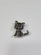 Cat Brooch Pin Silver Color with Black Faceted Faux Gems Kitty Kitten Feline picture