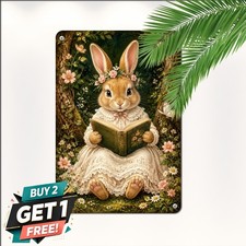 Springtime Reading Rabbit Metal Sign Whimsical Easter Bunny Wall Plaque picture