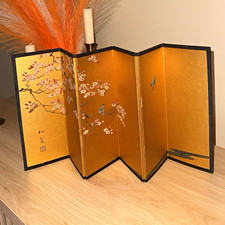 Vintage Japanese Double-Sided Folding Screen Byobu – Gold Sakura Birds – Signed picture