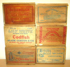 6 Antique SALT COD CODFISH WOODEN BOXES finger Jointed corners, ALL 6 ARE DIF. picture