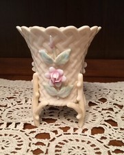 Belleek Style 3 leg Porcelain Vase with Porcelain 3-D Flowers marked 6460 picture