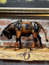 VINTAGE MID-CENTURY HANDMADE LARGE LEATHER BULL STATUE SCULPTURE Made In India picture