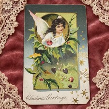 Antique c1905 Christmas Postcard Angel Holly Gold Embossed Germany picture
