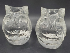 Pair Solid Clear Art Glass Figural Owl Candle Holders Candlesticks Crystal picture