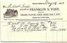 1927 Franklin S. Yost Pleasant Valley PA Grain Dealer Billhe picture