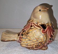 Vintage Reticulated Ceramic Bird Figurine Pierced Floral Openwork Brown Red Gold picture