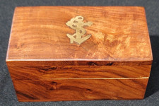 Wooden Hinged Trinket Keepsake Jewelry Box Brass Colored Anchor Inlay picture