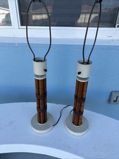 Vtg Pair Rattan Bamboo Table Lamp Boho Mid Century Modern Russell Wright Style picture