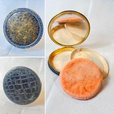 Vtg Round Compact Blue & Gold Enamel Floral Leather Bottom Mirrored Powder Box picture