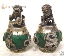 tibet silver Copper Jade Carving Figures Dragon Phoenix lion foo dog Statue picture