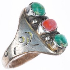 sz9.5 vintage Navajo sterling silver turquoise and coral 3 stone ring picture