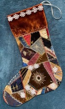 GORGEOUS ANTIQUE VINTAGE CRAZY QUILT CHRISTMAS STOCKING CUTTER QUILT 26-85 picture