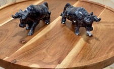 Vintage Matching Pair Carved Black Marble Soapstone Charging Bull Figurines Mint picture