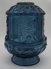 Vintage INDIANA GLASS STARS/BARS Large Fairy Lamp COLONIAL BLUE 6.5