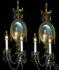 2 Vintage Bronze Brass French Mirror Crystal wall Sconces candle lamp Antique picture