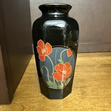 VTG Fine China Japan Black Red Poppy Floral Vase Gold Trim Octagon Oriental picture