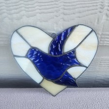 VTG White Heart Blue Dove Bird Stained Glass Suncatcher Hanging 5