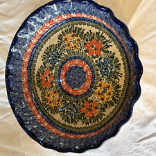 Unikat M. Starzyk Polish Pottery Floral Ceramic Oven Safe 10.25in Pie Dish picture