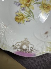 Antique Porcelain 9” Bowl Yellow Daffodils Pink Airbrushed Boarders Gold Gilt NR picture