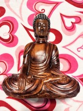 Wood Seated Buddha Statue 12” Meditation Sculpture Earth Touching Mudra Decor picture