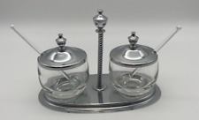 Vintage 60's Stainless Steel and Glass Double Condiment Set with Spoons picture