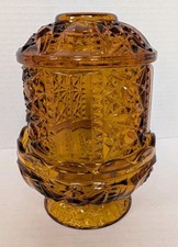 VTG 2PC. Indiana Amber Glass Large Fairy Lamp Stars & Bars 1970’s 6.5