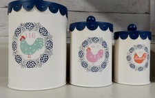 3 Matching Large,Medium & Small Tin Canisters  Navy Lid Rooster Farm Decor picture