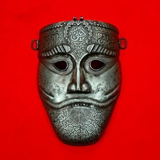 VINTAGE IRON MUGHAL INDO PERSIAN ISLAMIC WARRIOR'S FACE MASK ARABIC INSCRIPTION picture