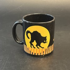Vintage Waechtersbach West Germany Halloween Black Cat On Fence & Bat Coffee Mug picture