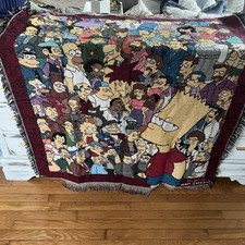 ~RARE~ Simpsons Woven Tapestry Fringe Throw Blanket 2001 Bart And Cast EUC picture