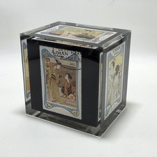 Vintage 1970 Ajman Stamps Expo Osaka Lucite Paperweight Japanese Men Women picture