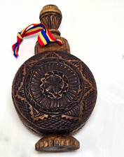 Hand Carved Wooden Round Flask, Brown Decorative Pattern, Stopper & Ribbon picture