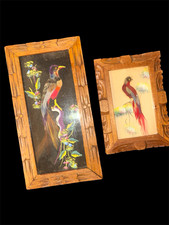 Vintage Mid-Century Mexican Feather Art Birds Framed Pictures Set 2 wood frame picture